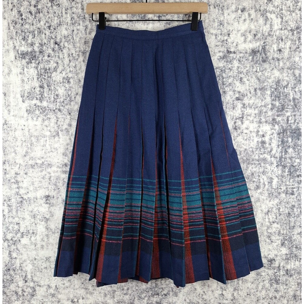 Pendleton Skirt Size 6 100% Wool Vtg Pleated Tartan Midi USA Made Preppy Navy